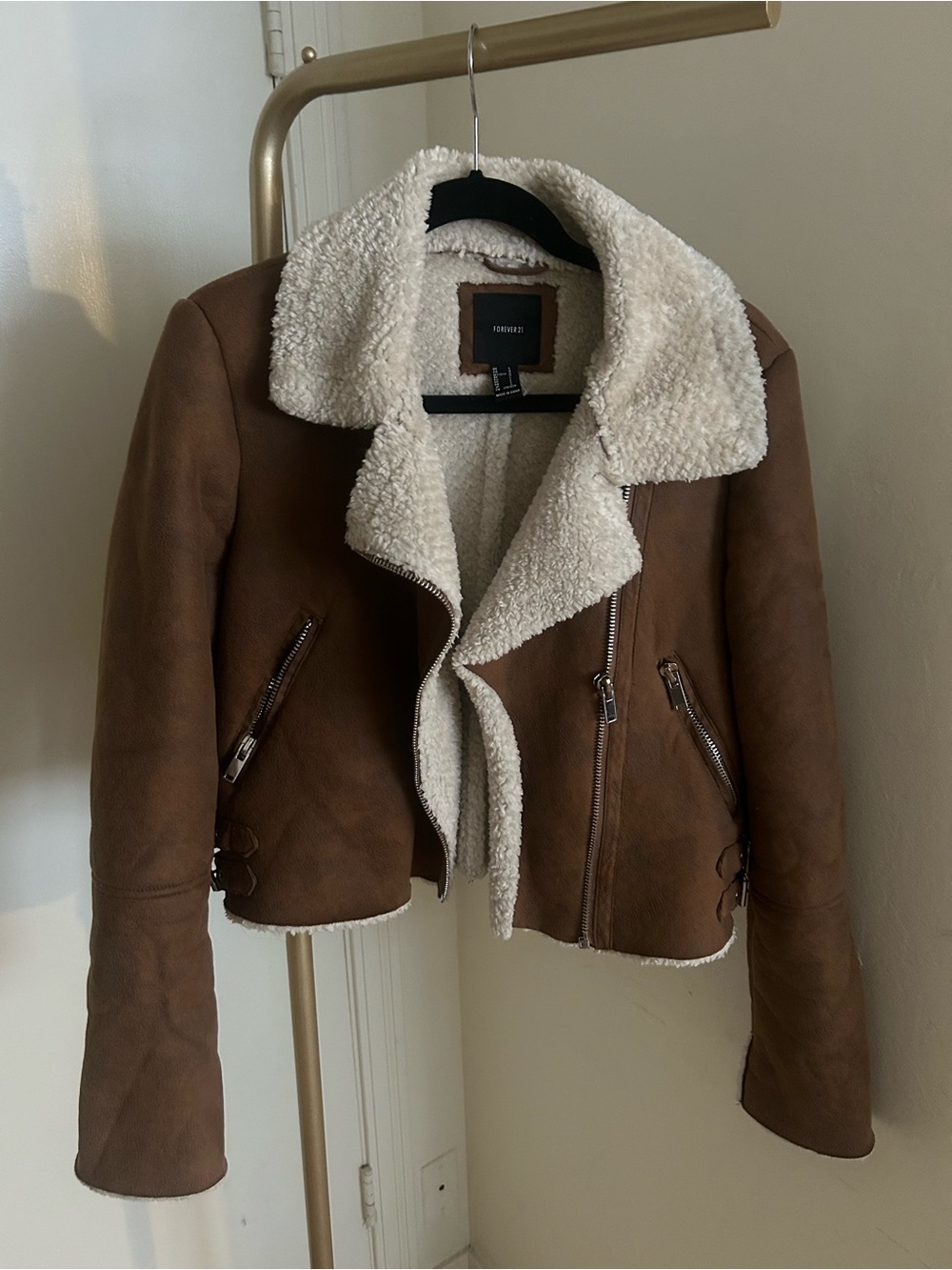 Forever 21 Faux Shearling Moto Jacket Brown Cropped Sherpa Lined Biker Coat L